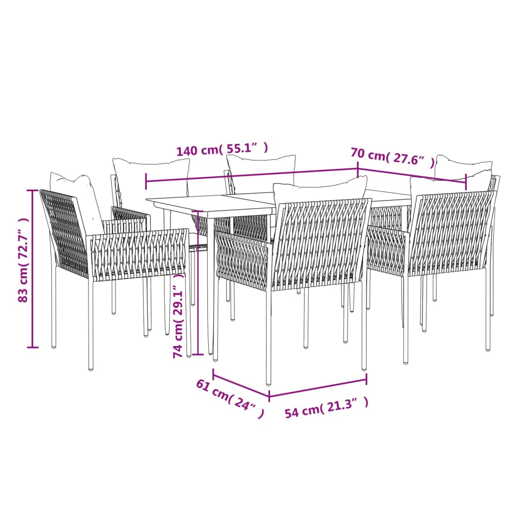 vidaXL 7-tlg. Garten-Essgruppe mit Kissen Poly Rattan und Stahl