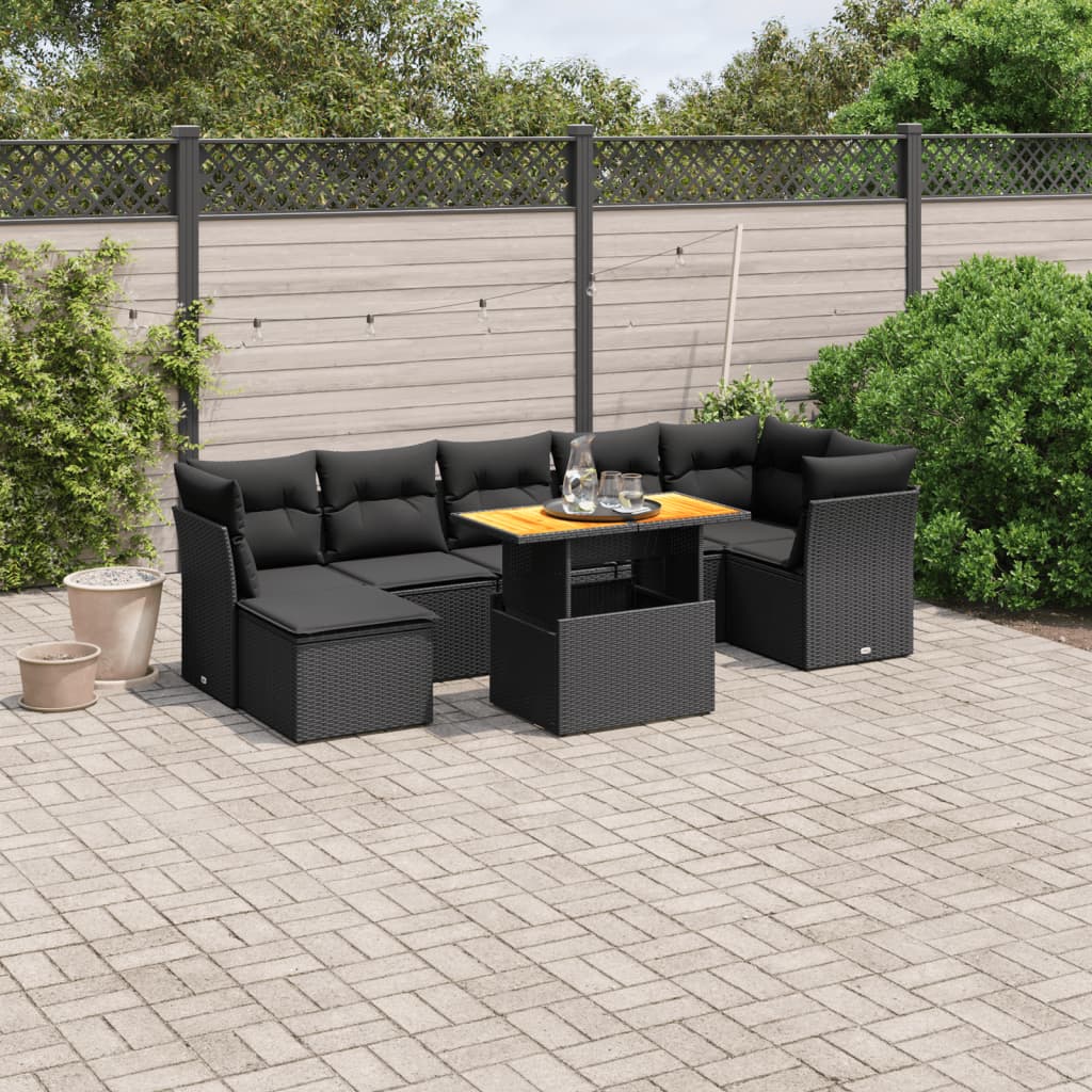 vidaXL 8-tlg. Garten-Sofagarnitur mit Kissen Schwarz Poly Rattan