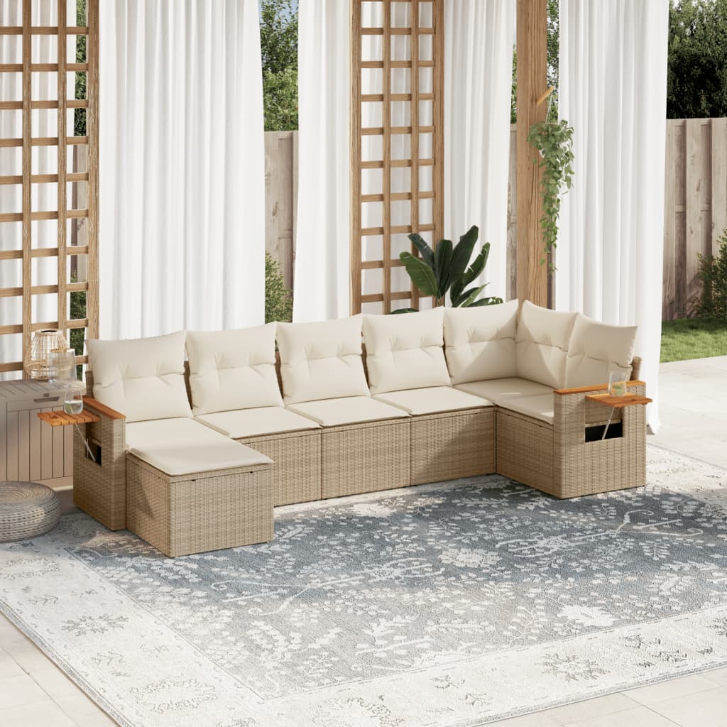 vidaXL 7-tlg. Garten-Sofagarnitur mit Kissen Beige Poly Rattan