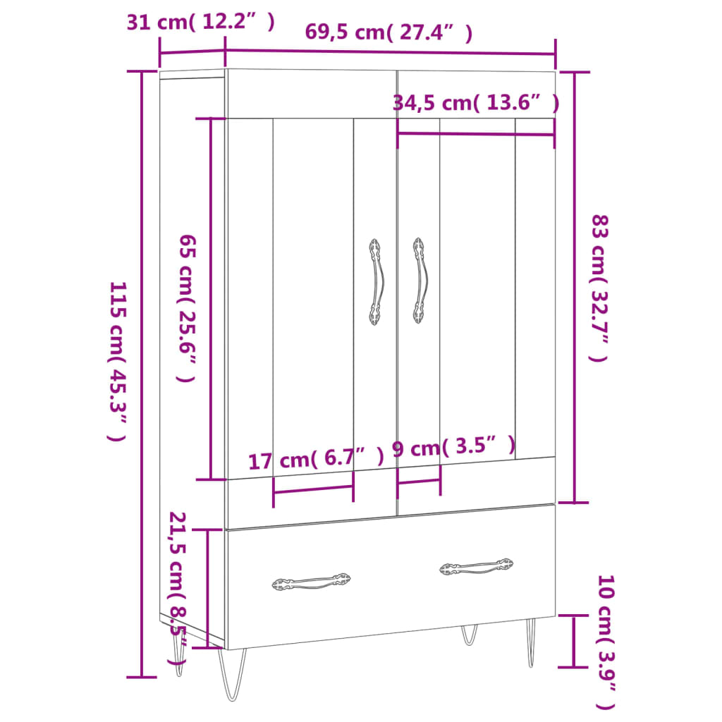 vidaXL Highboard Braun Eichen-Optik 69,5x31x115 cm Holzwerkstoff