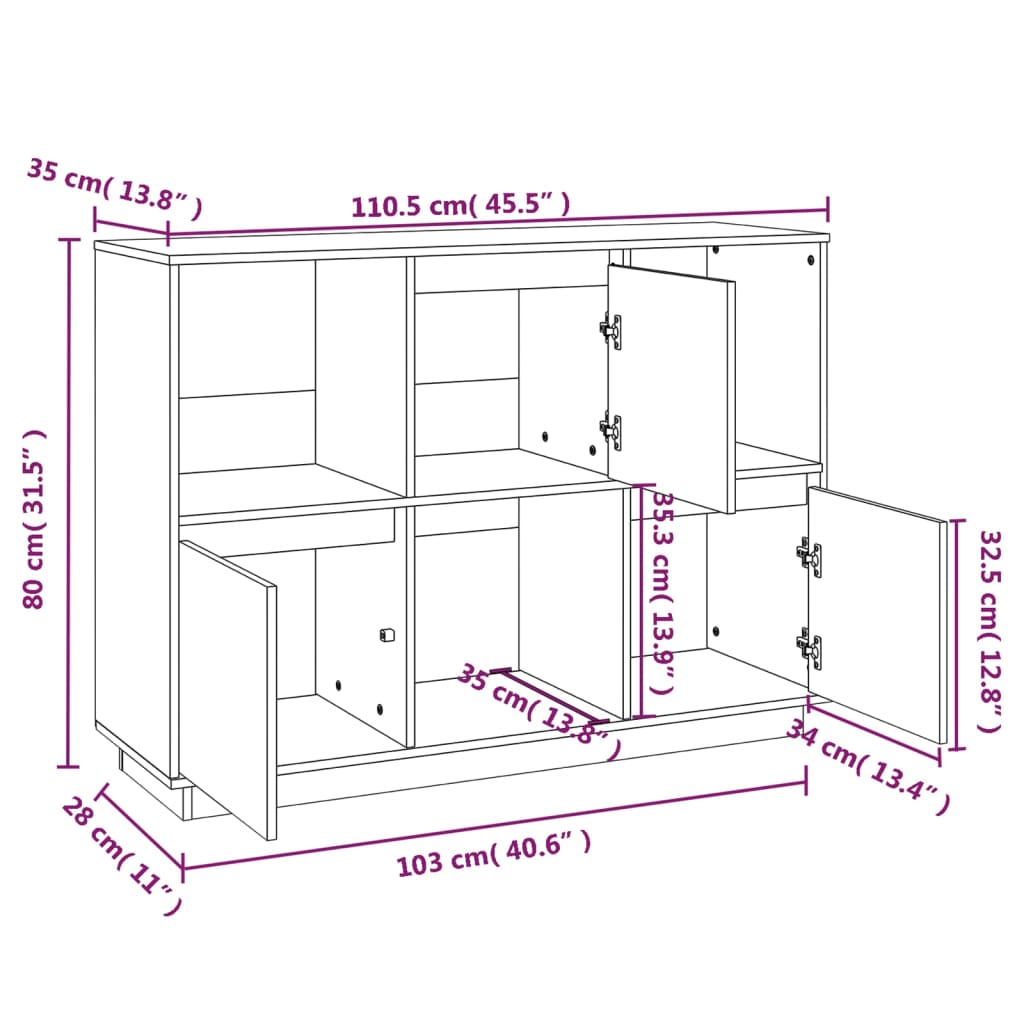 vidaXL Sideboard Schwarz 110,5x35x80 cm Massivholz Kiefer