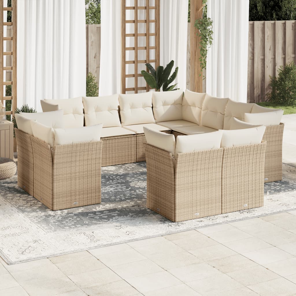 vidaXL 11-tlg. Garten-Sofagarnitur mit Kissen Beige Poly Rattan