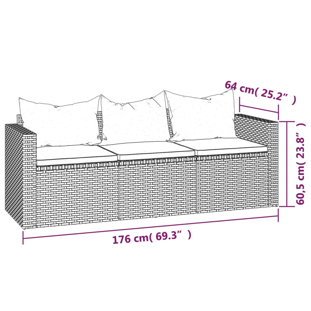 vidaXL 3-tlg. Garten-Lounge-Set mit Kissen Grau Poly Rattan