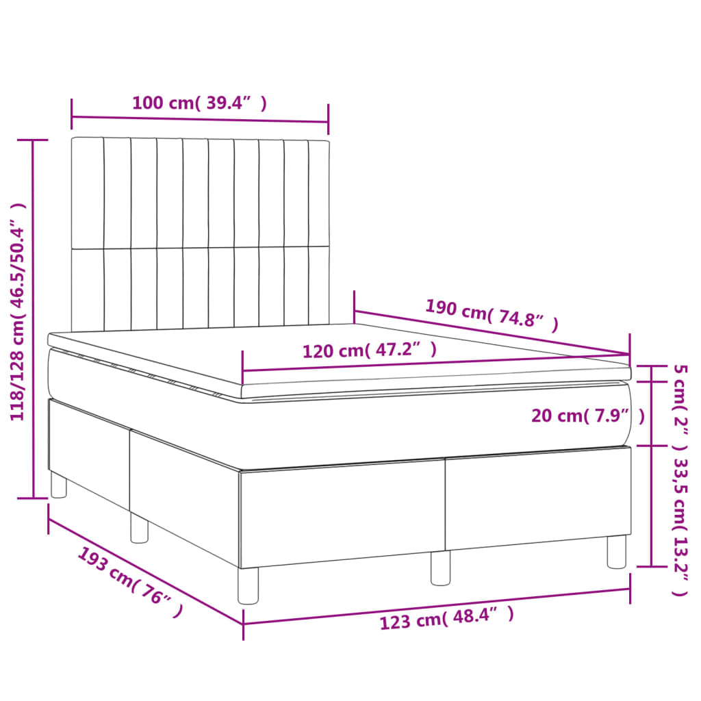 vidaXL Boxspringbett mit Matratze & LED Dunkelgrau 120x190 cm Samt