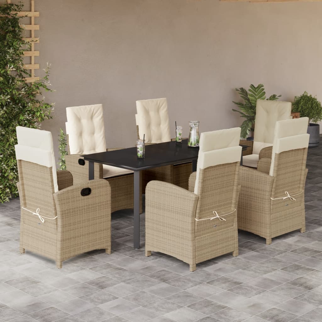 vidaXL 7-tlg. Garten-Essgruppe mit Kissen Beige Poly Rattan