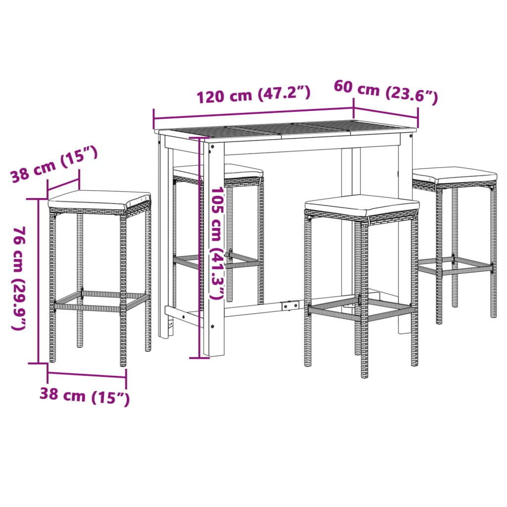 vidaXL 5-tlg. Gartenbar-Set Schwarz Massivholz Akazie und Poly Rattan