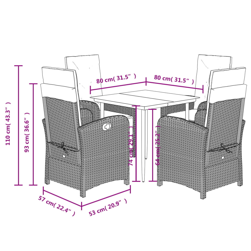 vidaXL 5-tlg. Garten-Essgruppe mit Kissen Grau Poly Rattan