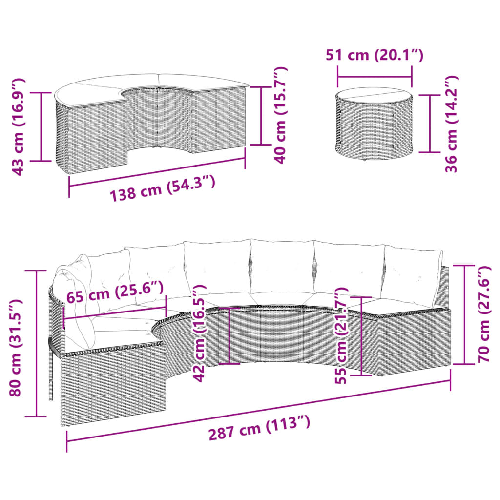 vidaXL 3-tlg. Garten-Sofagarnitur Halbrund Schwarz Poly-Rattan