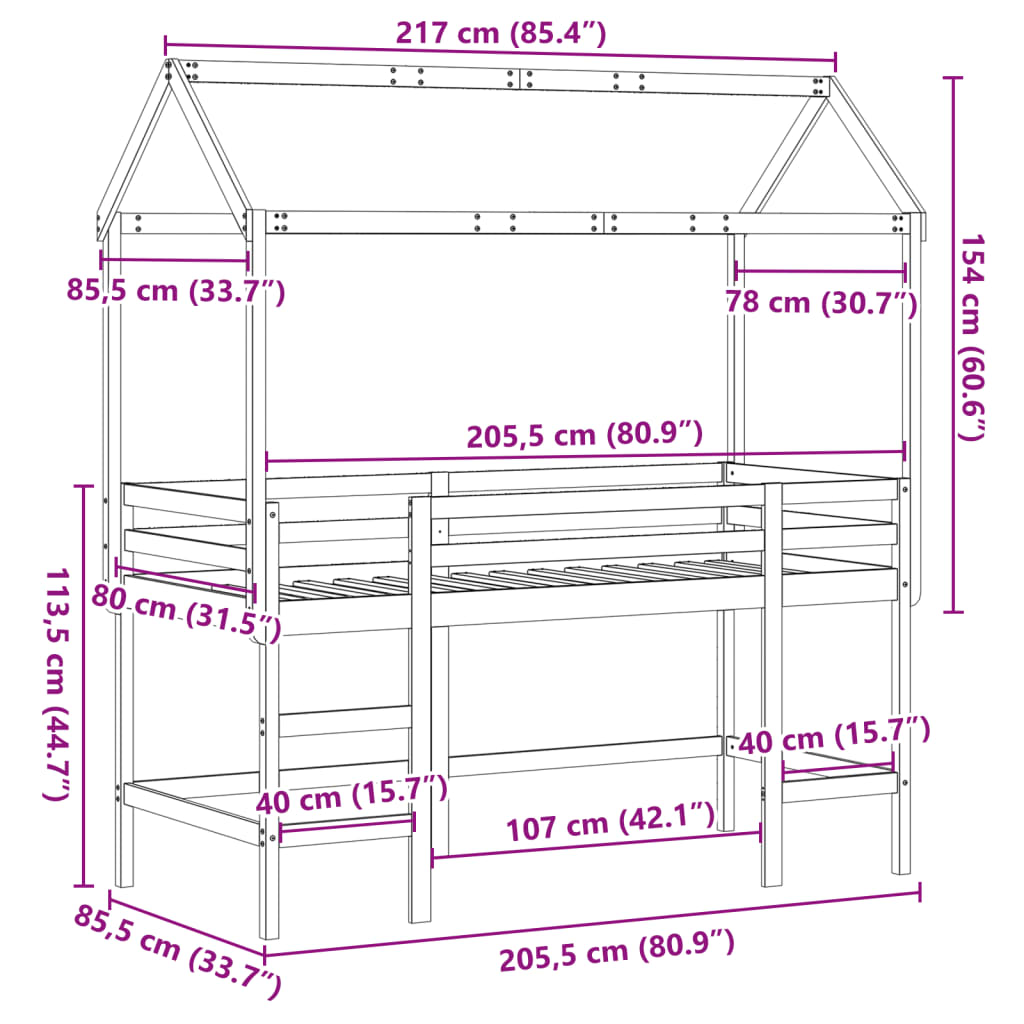 vidaXL Hochbett mit Leiter und Dach 80x200 cm Massivholz Kiefer