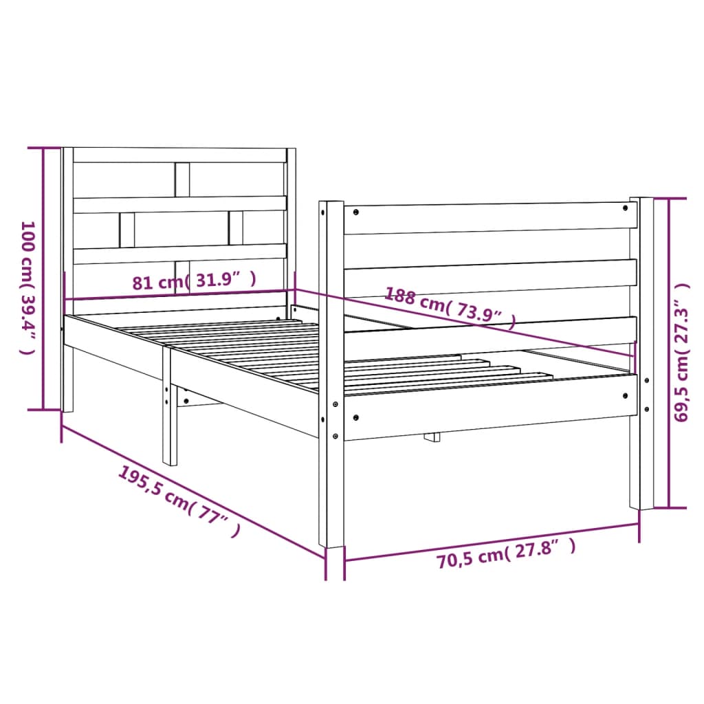 vidaXL Massivholzbett Schwarz 75x190 cm