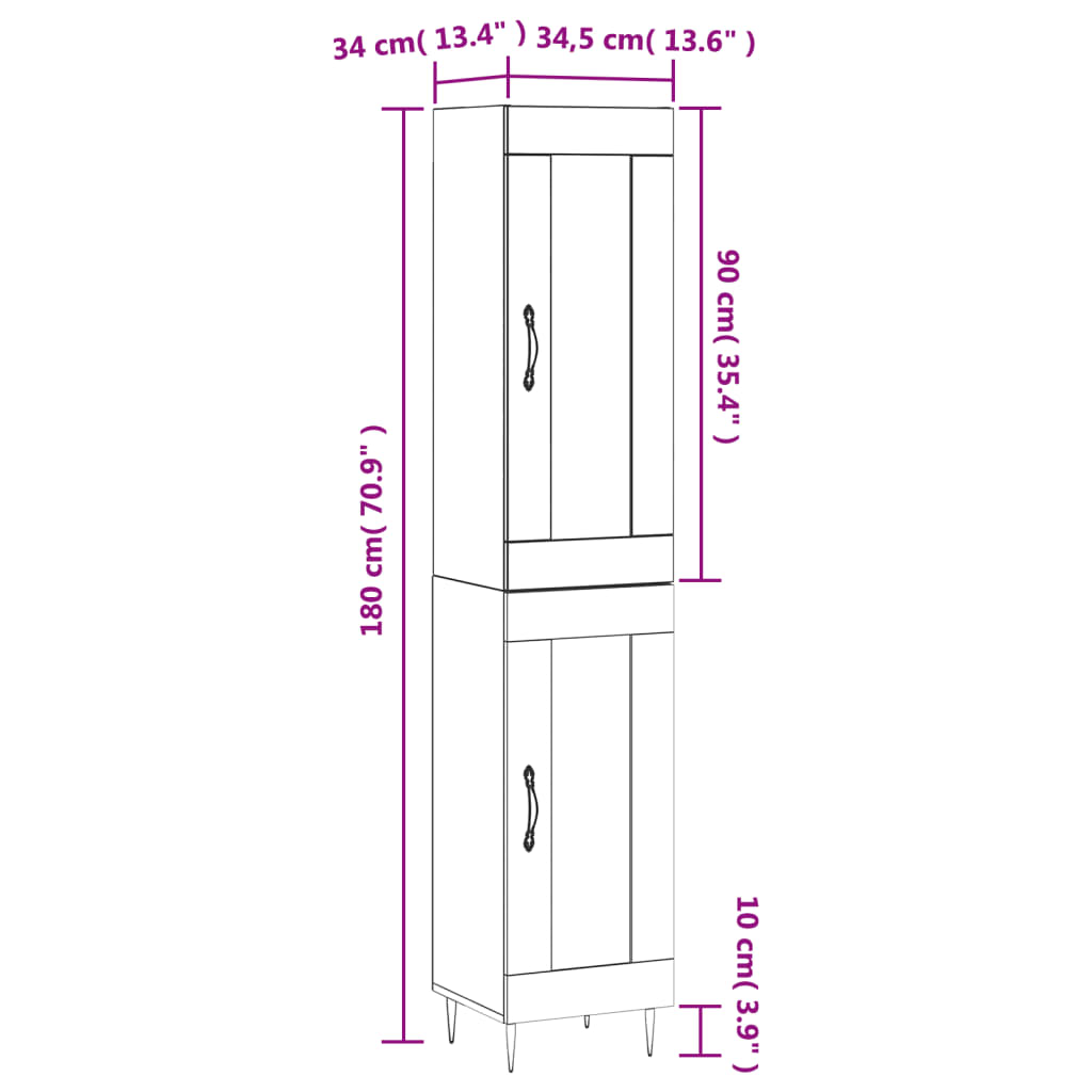 vidaXL Highboard Grau Sonoma 34,5x34x180 cm Holzwerkstoff