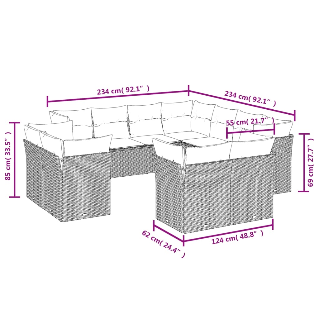 vidaXL 11-tlg. Garten-Sofagarnitur mit Kissen Beige Poly Rattan