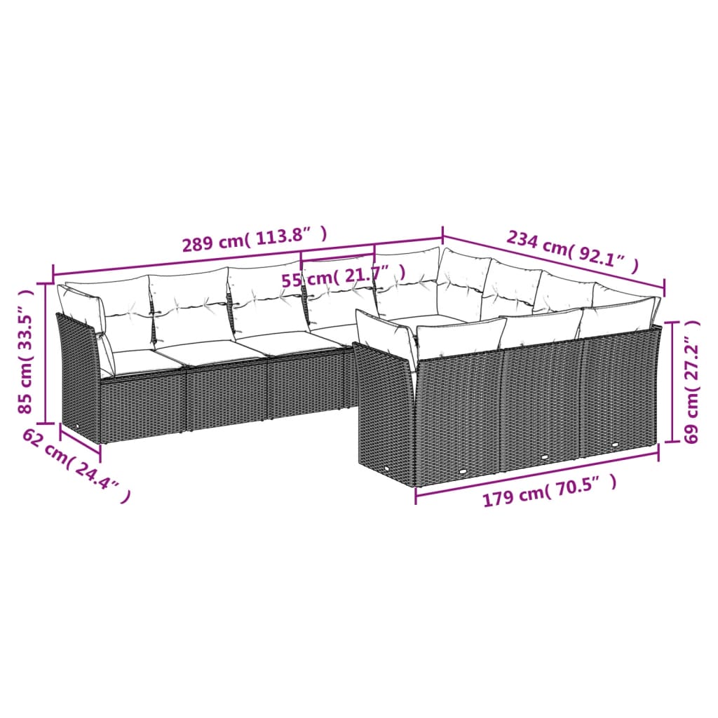 vidaXL 10-tlg. Garten-Sofagarnitur mit Kissen Grau Poly Rattan