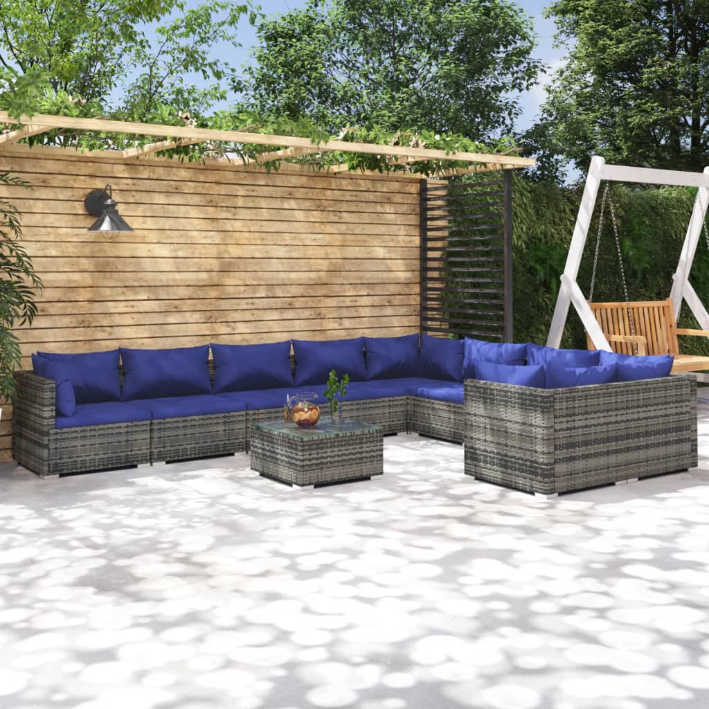 vidaXL 10-tlg. Garten-Lounge-Set mit Kissen Poly Rattan Grau