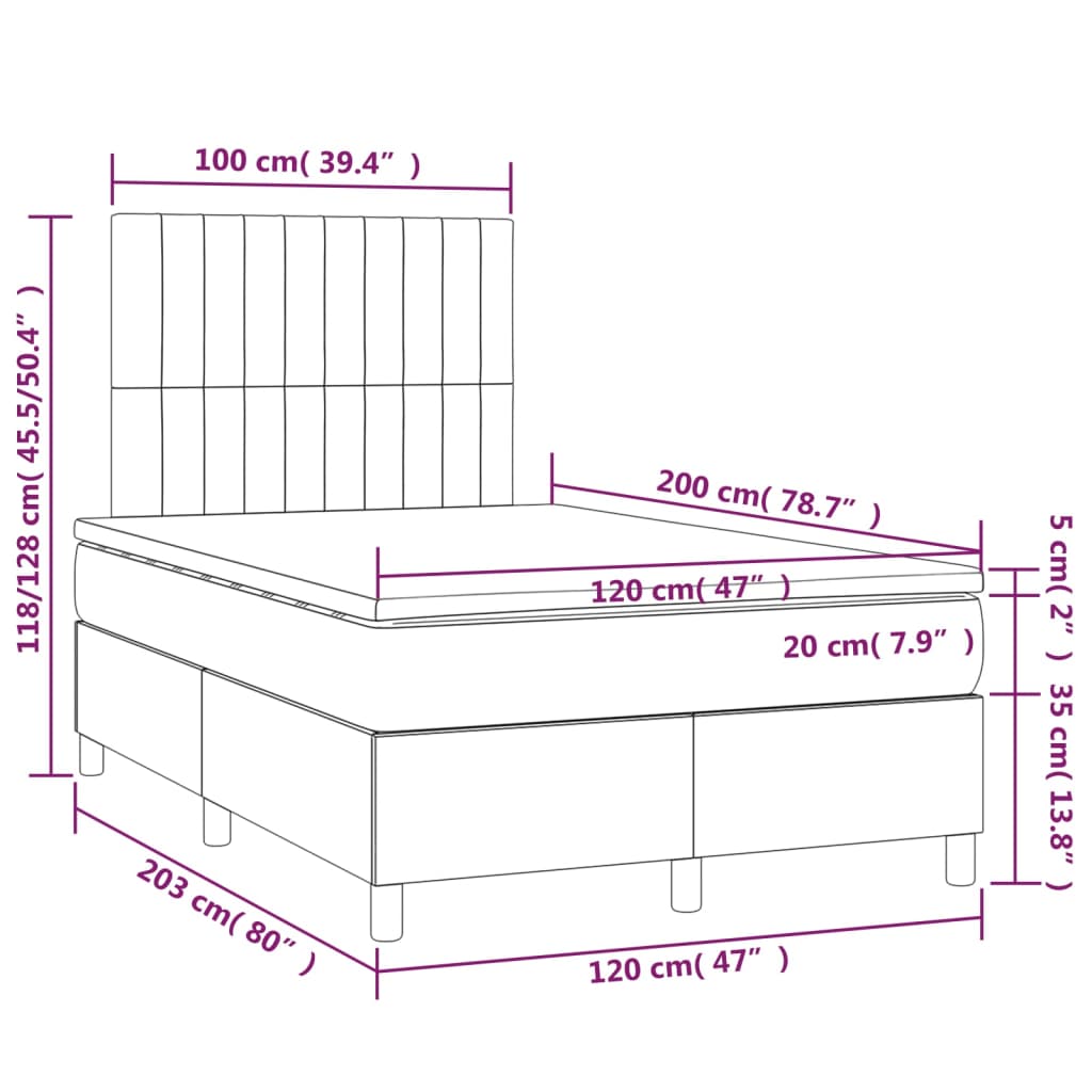 vidaXL Boxspringbett mit Matratze Dunkelgrau 120x200 cm Samt