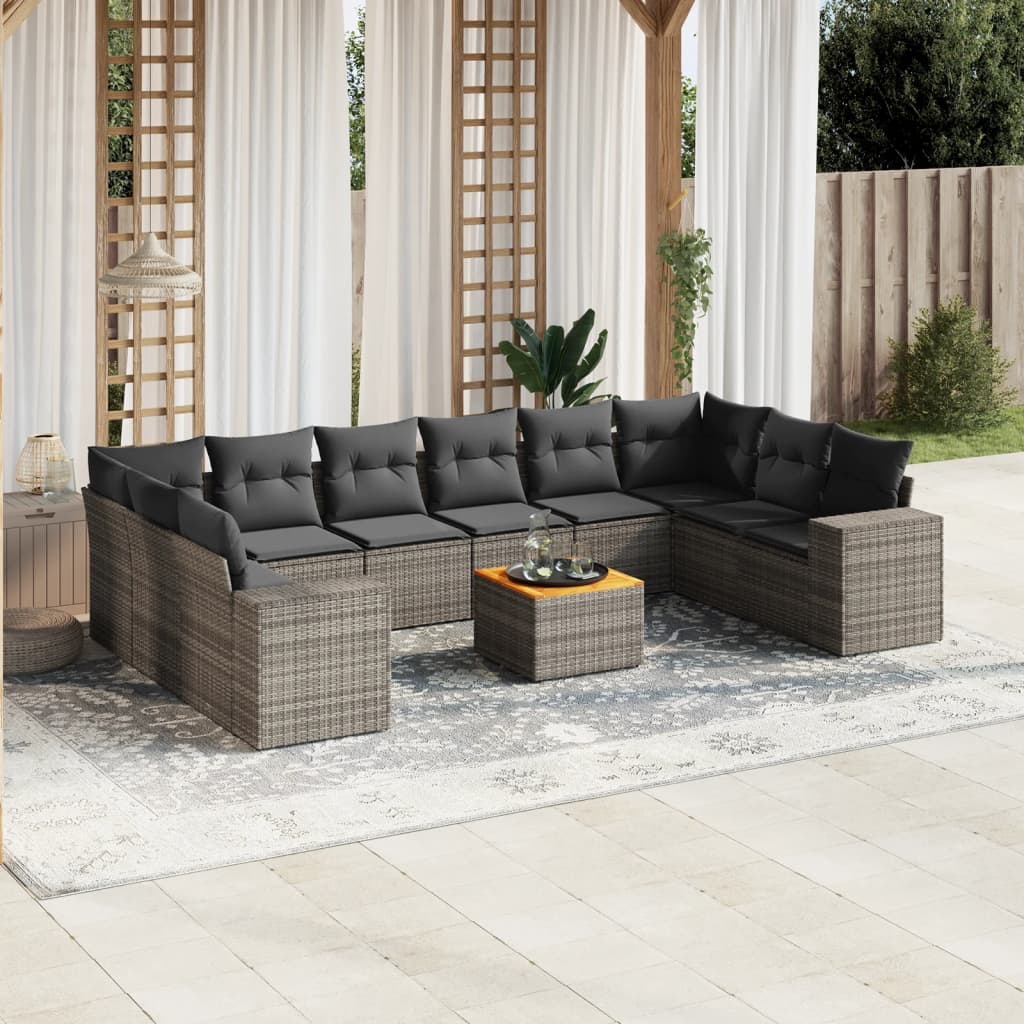 vidaXL 11-tlg. Garten-Sofagarnitur mit Kissen Grau Poly Rattan