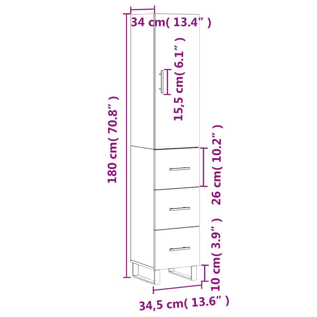 vidaXL Highboard Grau Sonoma 34,5x34x180 cm Holzwerkstoff