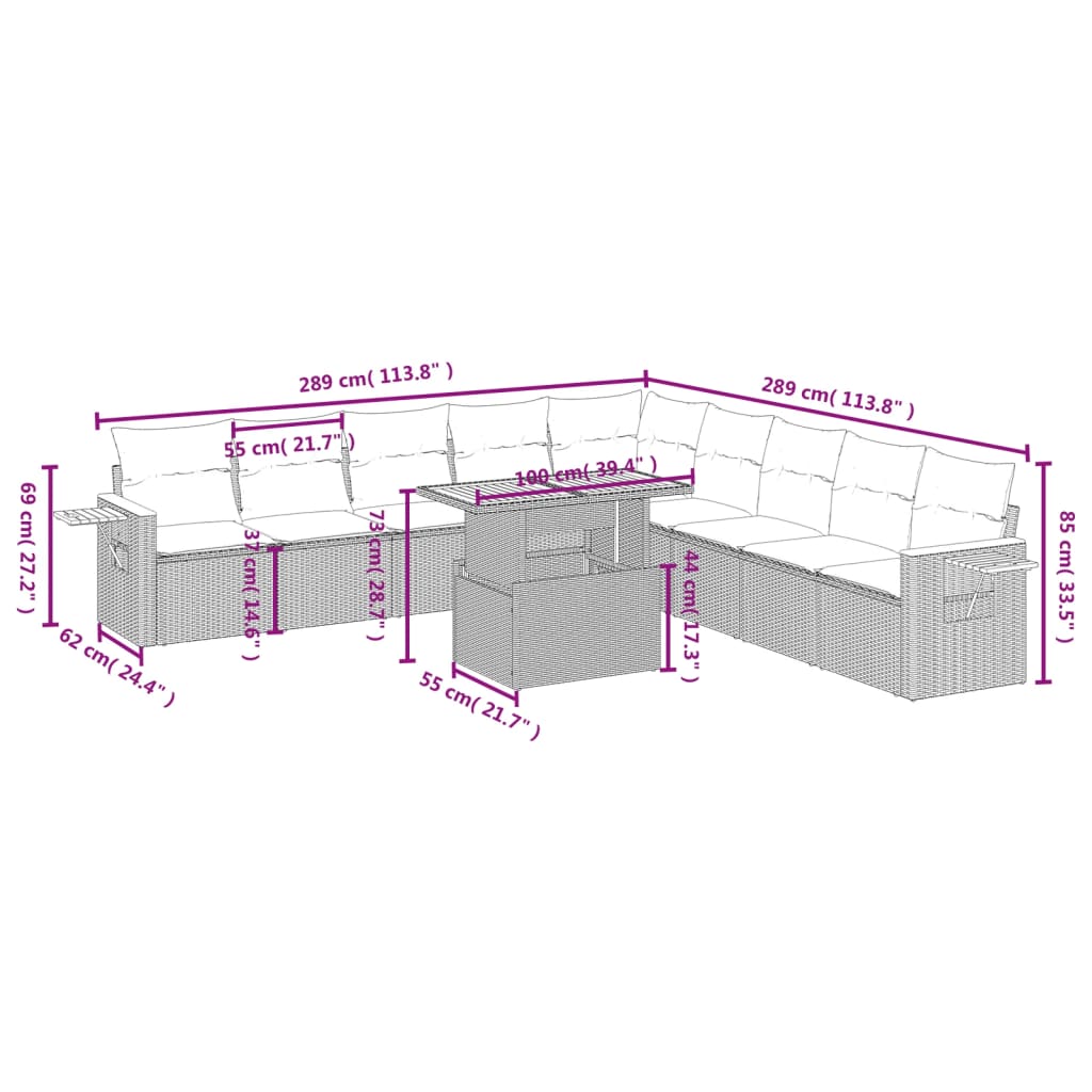 vidaXL 11-tlg. Garten-Sofagarnitur mit Kissen Schwarz Poly Rattan