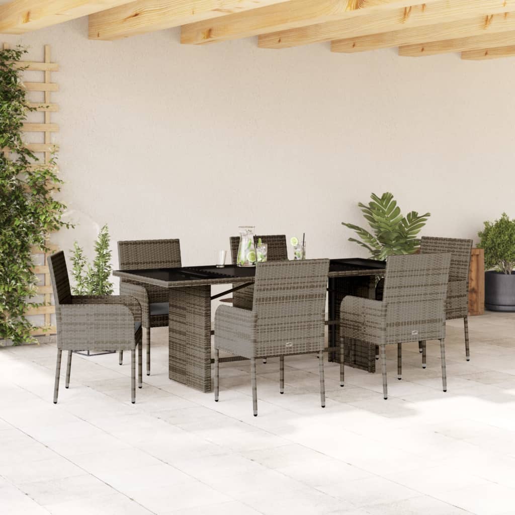 vidaXL 7-tlg. Garten-Essgruppe mit Kissen Grau Poly Rattan