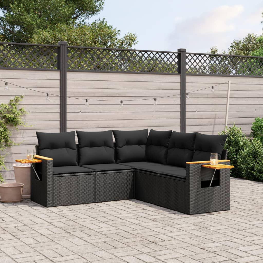 vidaXL 5-tlg. Garten-Sofagarnitur mit Kissen Schwarz Poly Rattan