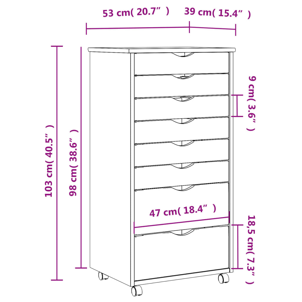 vidaXL Rollschrank mit Schubladen MOSS Weiß Massivholz Kiefer