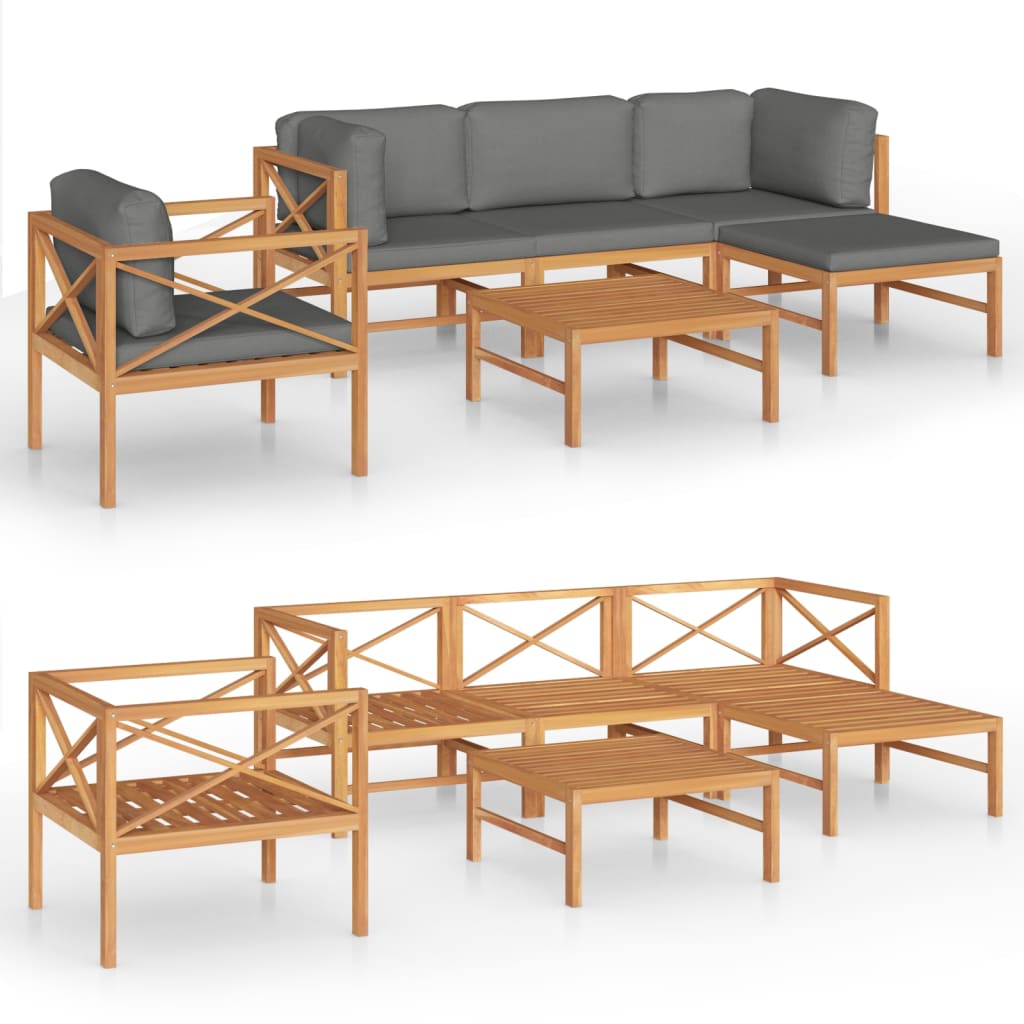 vidaXL 6-tlg. Garten-Lounge-Set mit Grauen Kissen Massivholz Teak