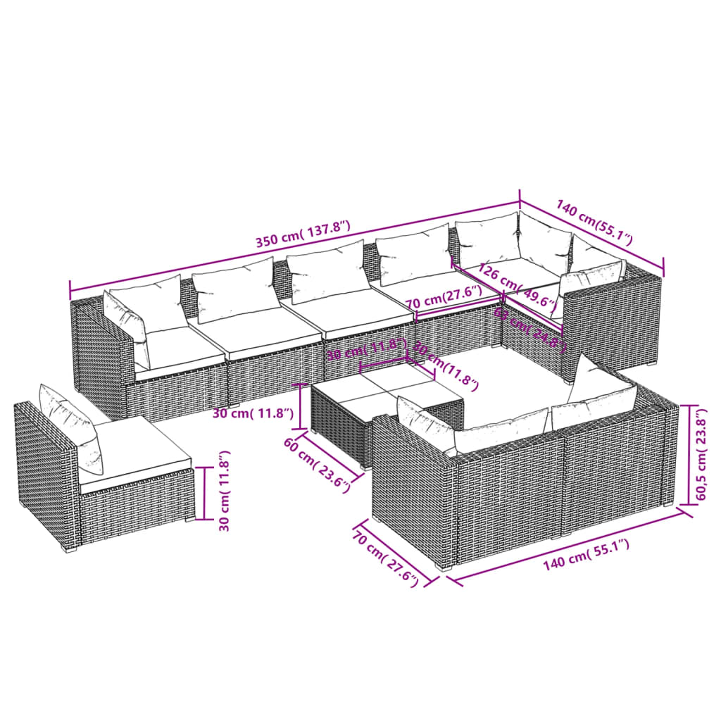 vidaXL 10-tlg. Garten-Lounge-Set mit Kissen Poly Rattan Schwarz