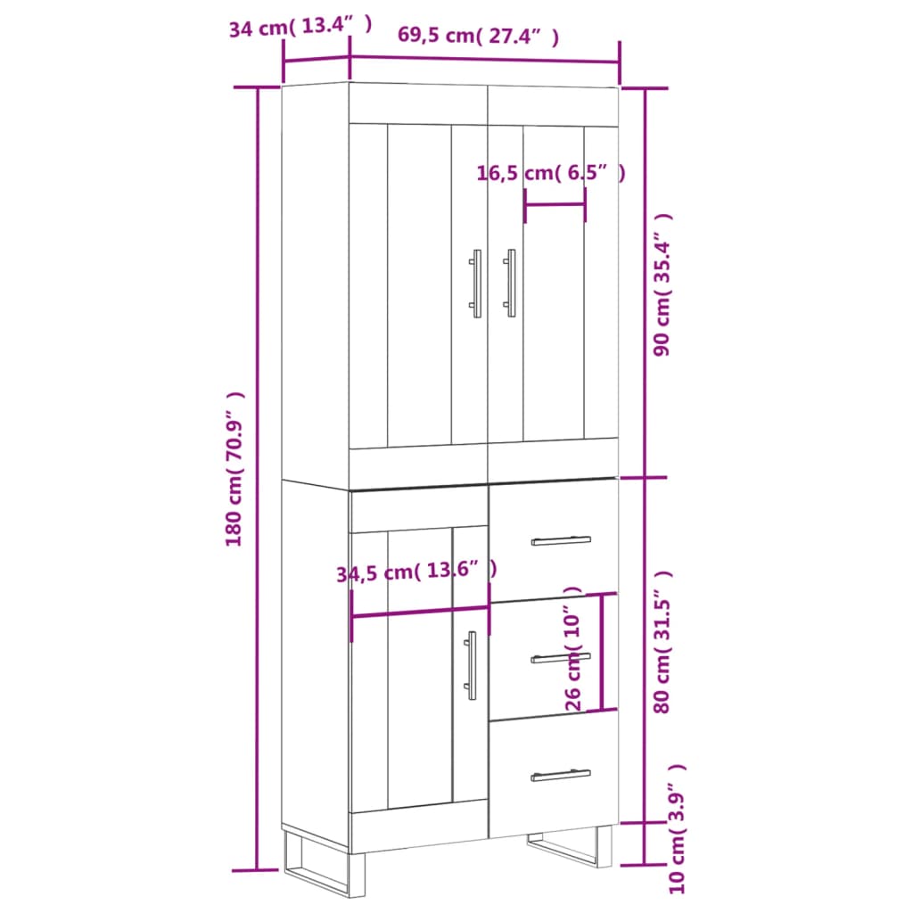 vidaXL Highboard Braun Eichen-Optik 69,5x34x180 cm Holzwerkstoff