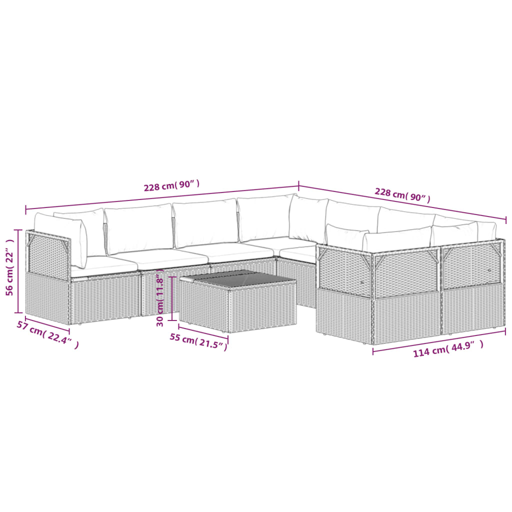 vidaXL 9-tlg. Garten-Lounge-Set mit Kissen Grau Poly Rattan