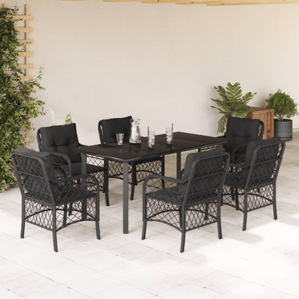 vidaXL 7-tlg. Garten-Essgruppe mit Kissen Schwarz Poly Rattan