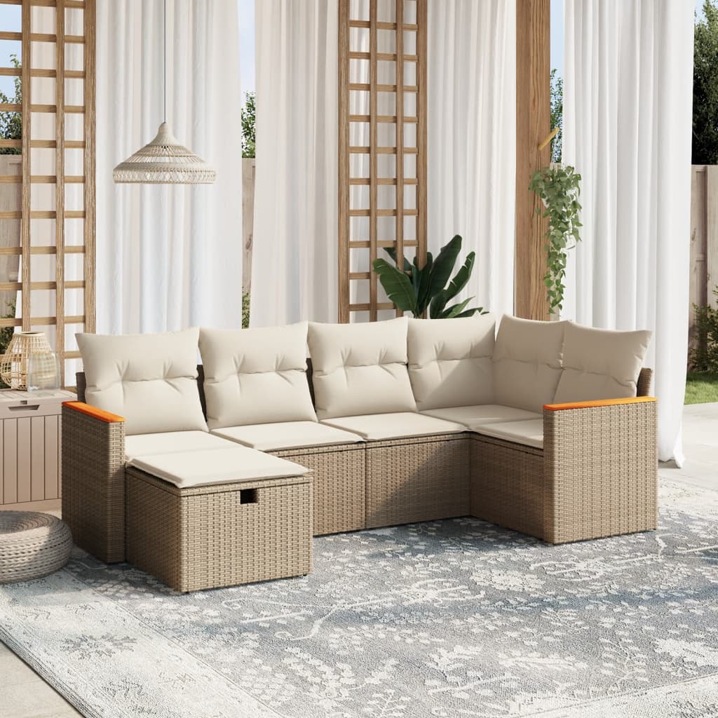 vidaXL 6-tlg. Garten-Sofagarnitur mit Kissen Beige Poly Rattan