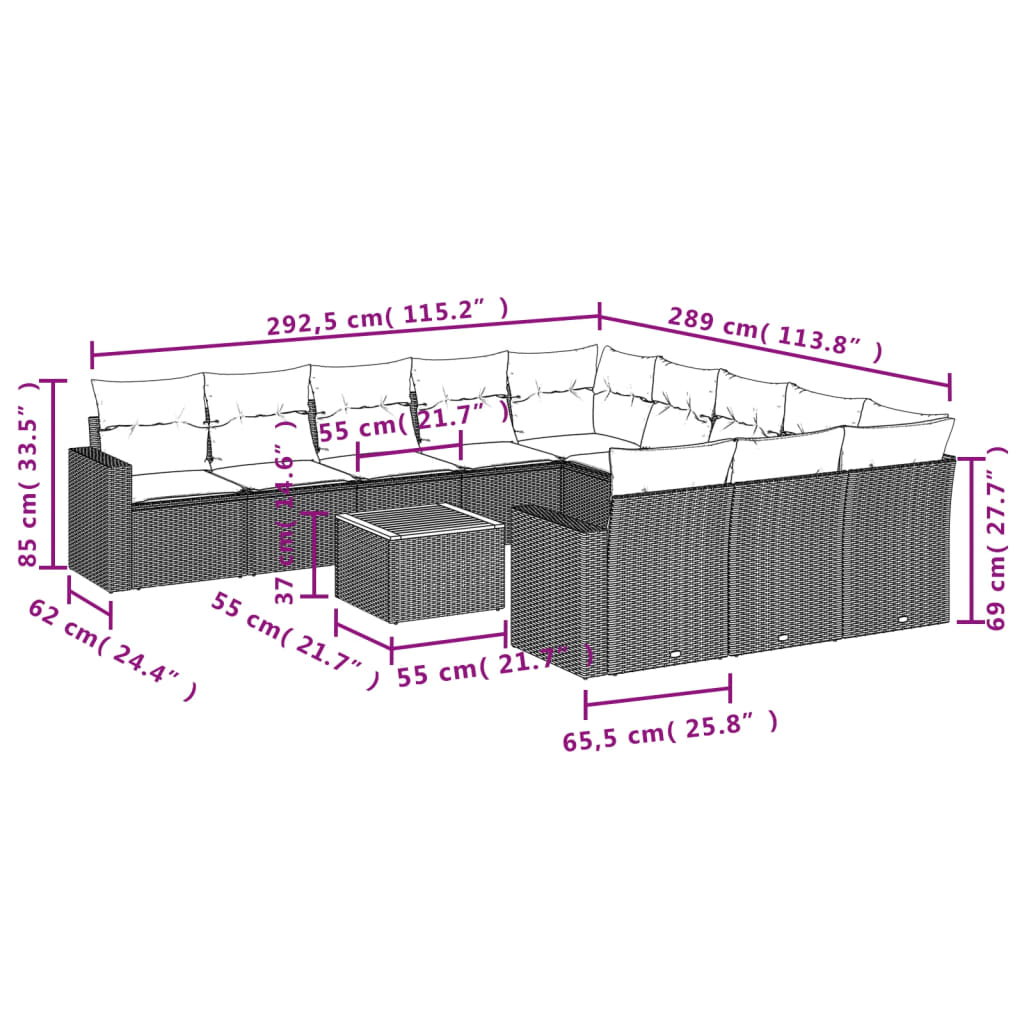 vidaXL 12-tlg. Garten-Sofagarnitur mit Kissen Schwarz Poly Rattan