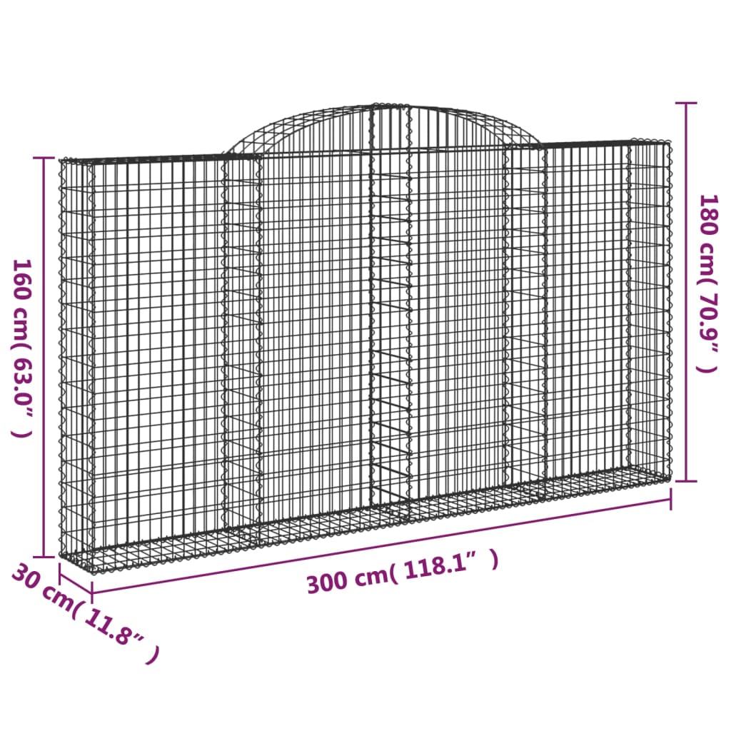 vidaXL Gabionen mit Hochbogen 2 Stk. 300x30x160/180cm Verzinktes Eisen