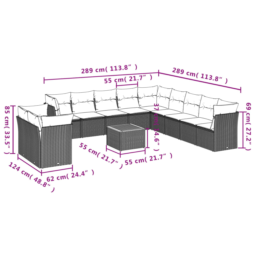 vidaXL 12-tlg. Garten-Sofagarnitur mit Kissen Beige Poly Rattan