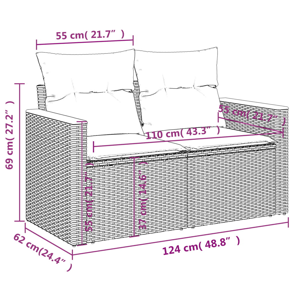 vidaXL 3-tlg. Garten-Sofagarnitur mit Kissen Schwarz Poly Rattan