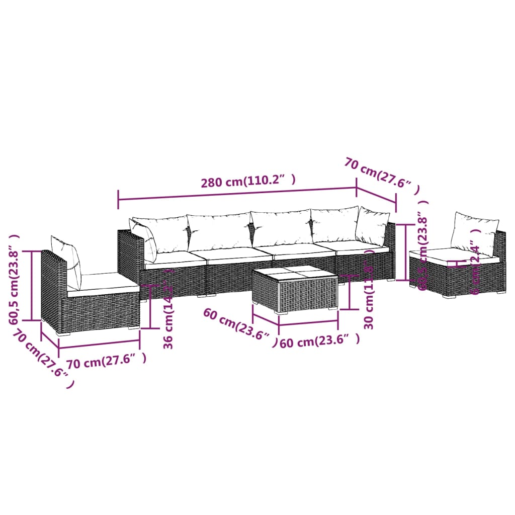 vidaXL 7-tlg. Garten-Lounge-Set mit Kissen Poly Rattan Braun