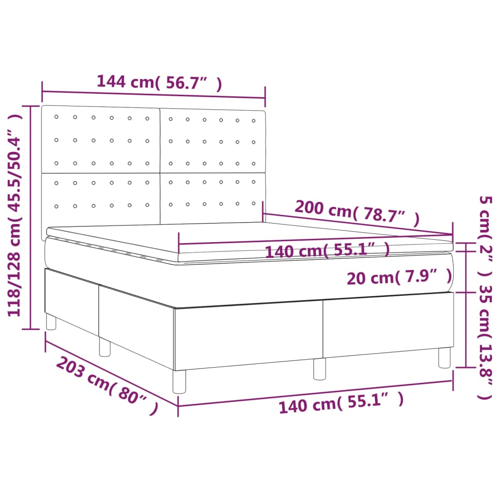 vidaXL Boxspringbett mit Matratze & LED Dunkelgrau 140x200 cm Samt