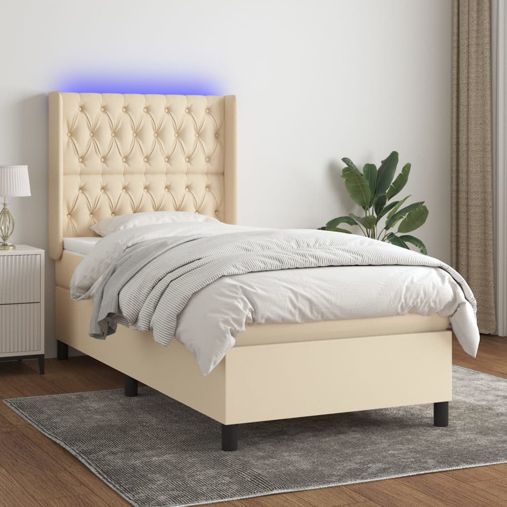 vidaXL Boxspringbett mit Matratze & LED Creme 90x200 cm Stoff