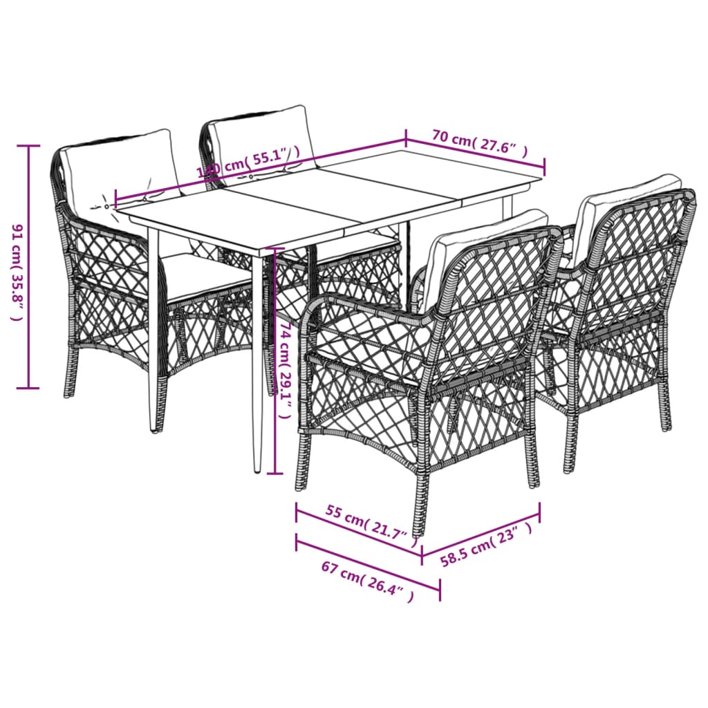 vidaXL 5-tlg. Garten-Essgruppe mit Kissen Schwarz Poly Rattan