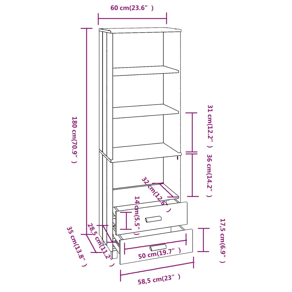 vidaXL Highboard HAMAR Honigbraun 60x35x180 cm Massivholz Kiefer