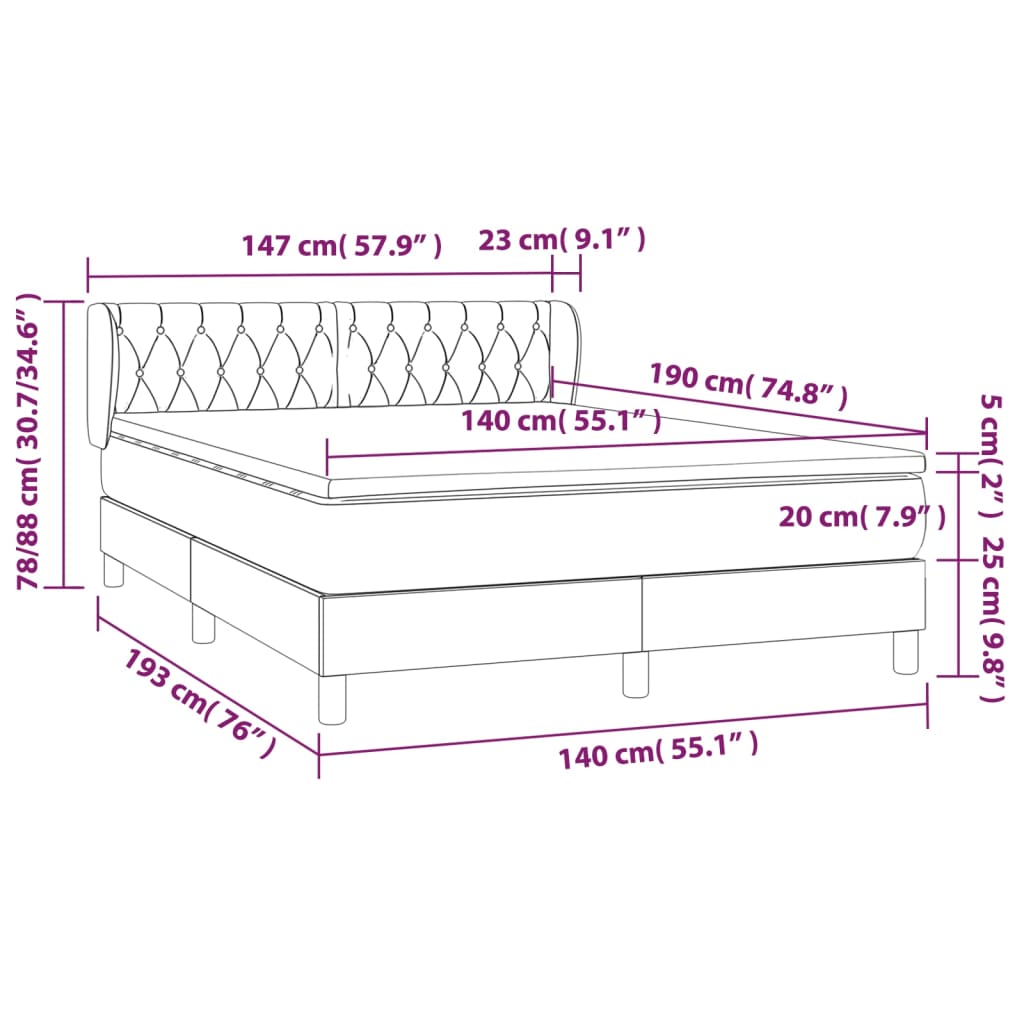 vidaXL Boxspringbett mit Matratze Hellgrau 140x190 cm Stoff