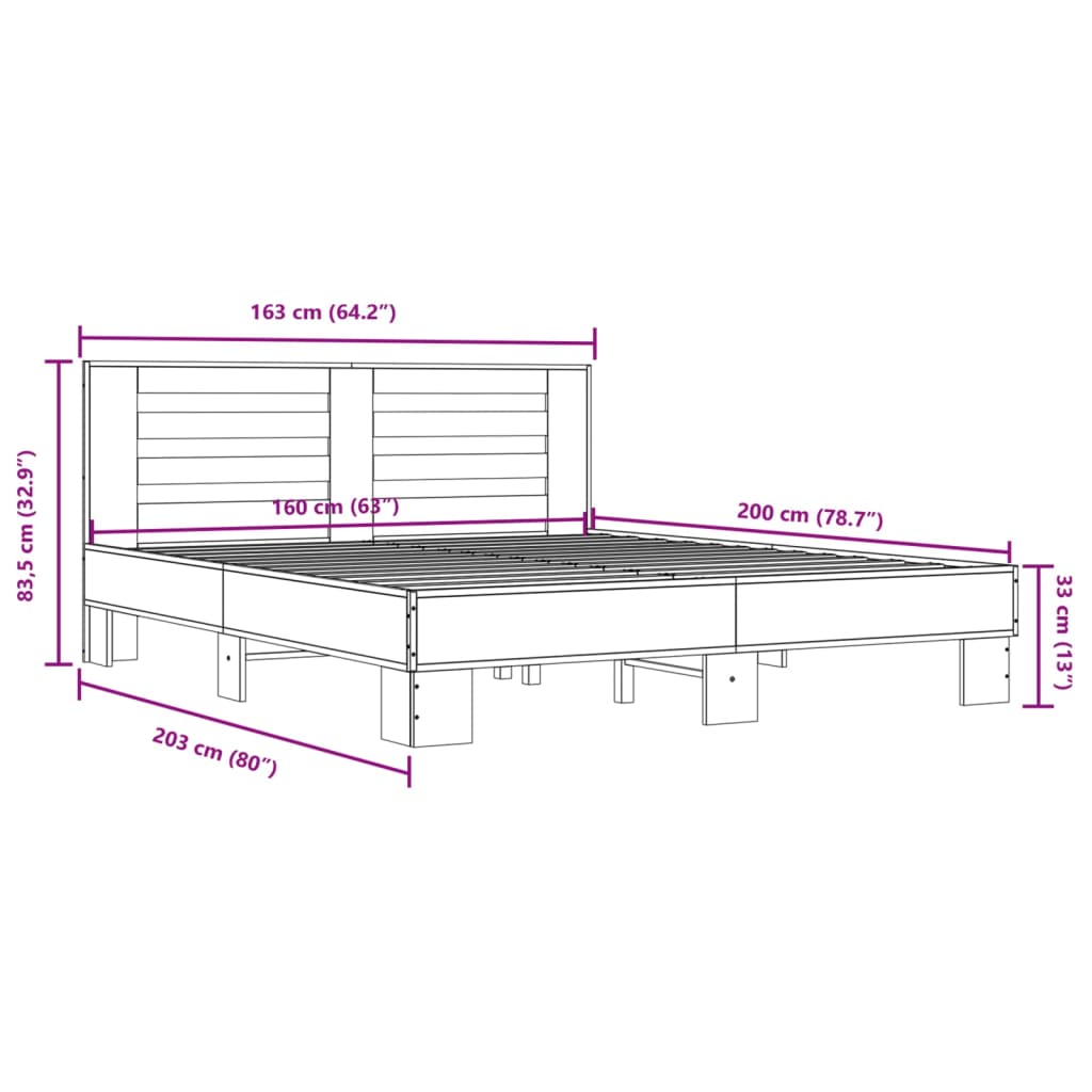 vidaXL Bettgestell Räuchereiche 160x200 cm Holzwerkstoff und Metall