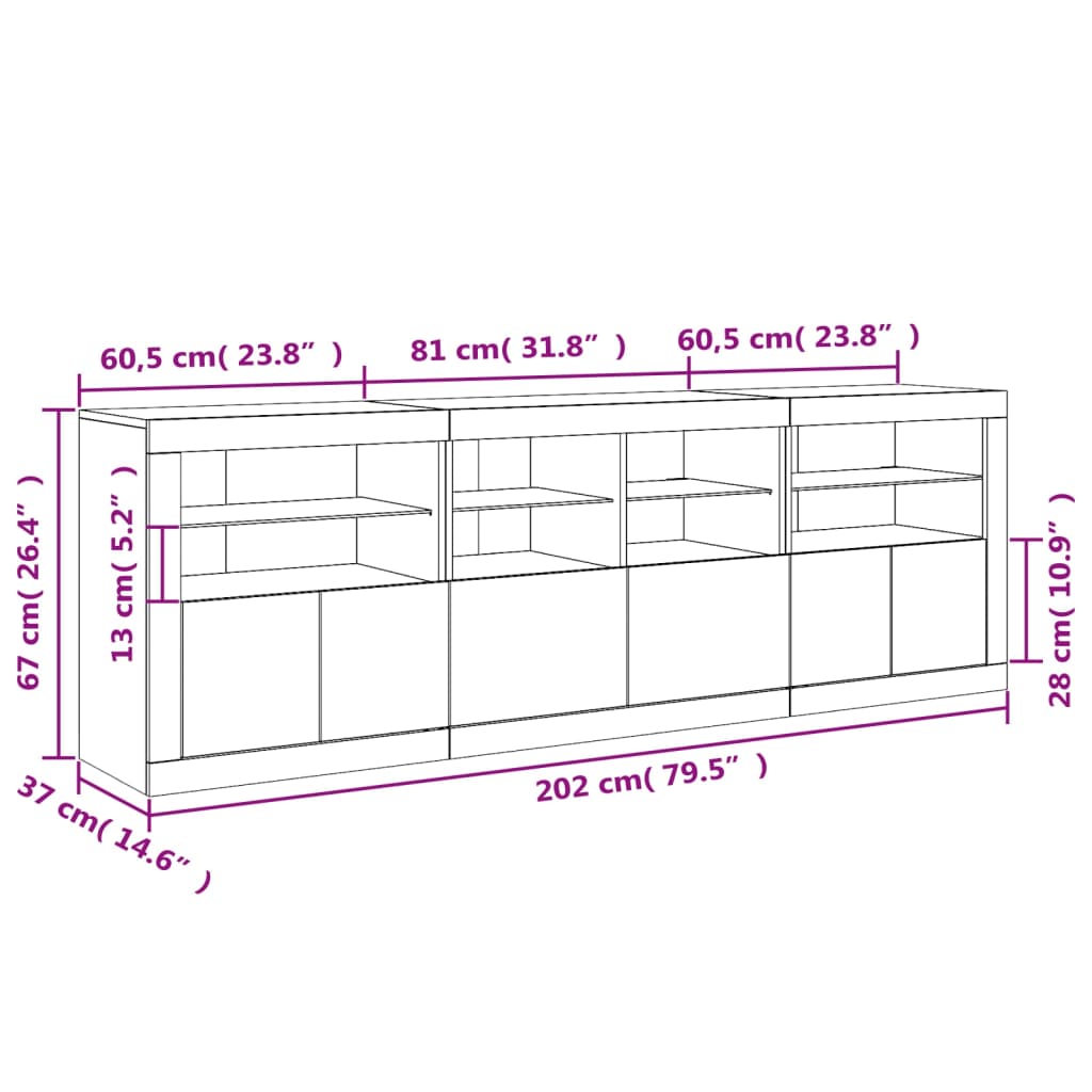 vidaXL Sideboard mit LED-Leuchten Weiß 202x37x67 cm