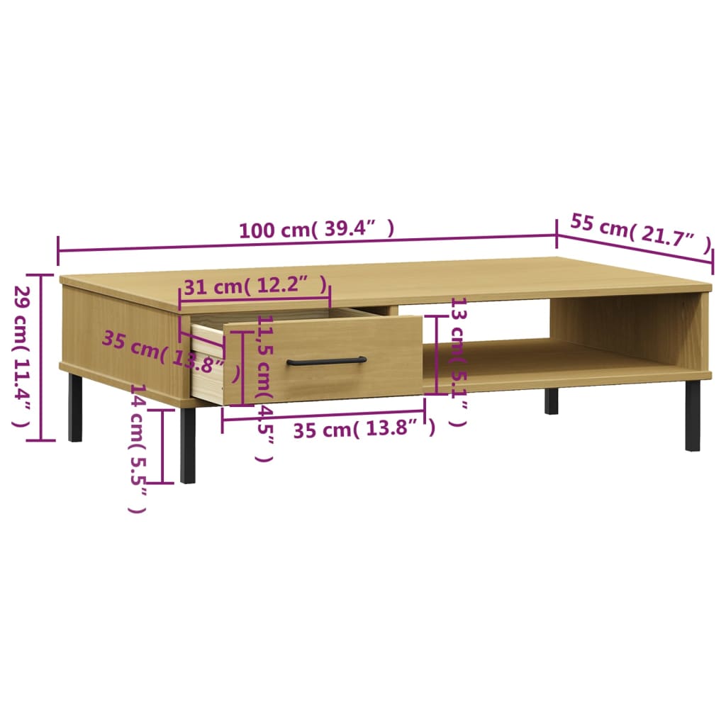 vidaXL Couchtisch OSLO mit Metallbeinen Braun Massivholz Kiefer