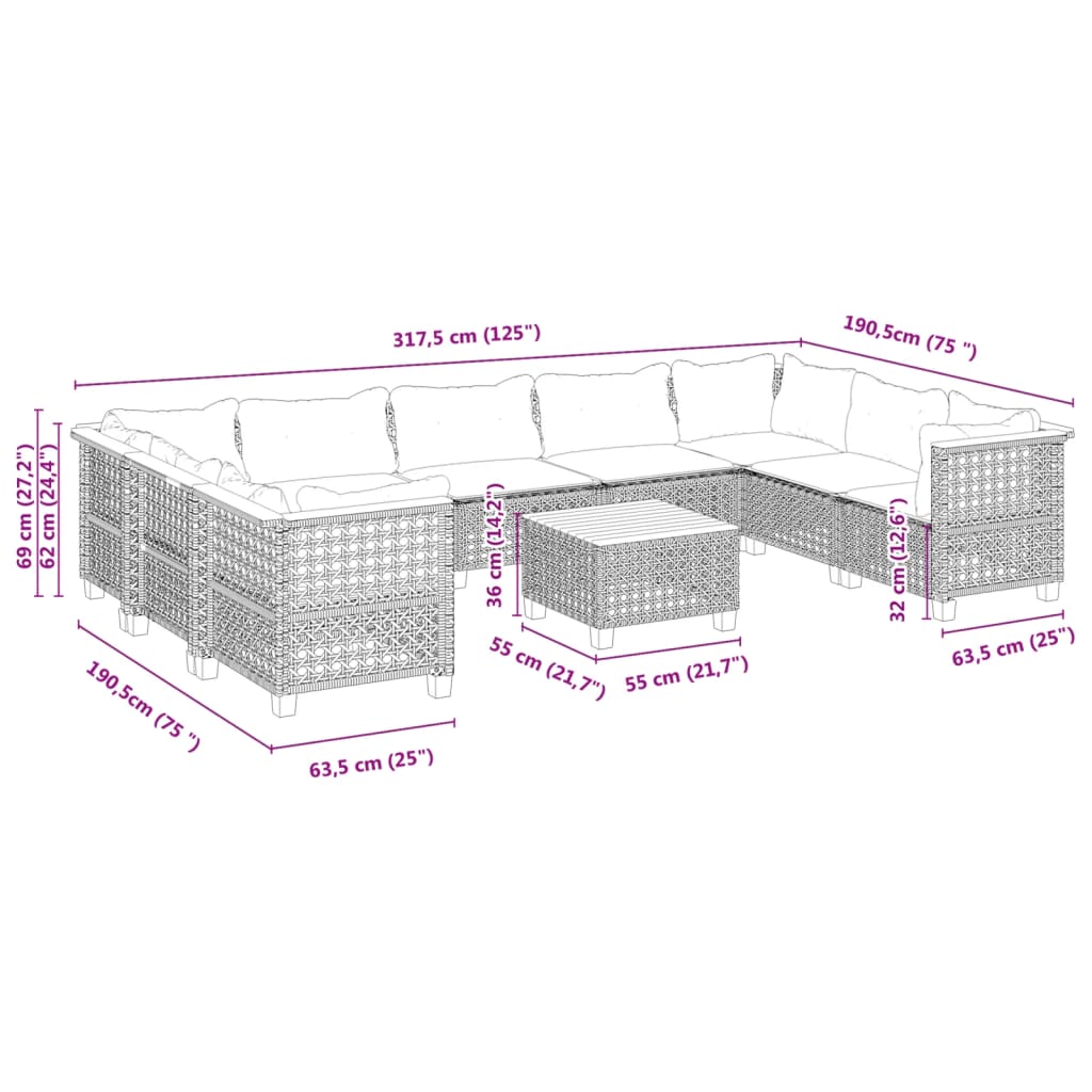 vidaXL 10-tlg. Garten-Sofagarnitur mit Kissen Schwarz Poly Rattan