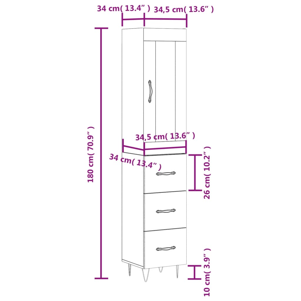 vidaXL Highboard Schwarz 34,5x34x180 cm Holzwerkstoff