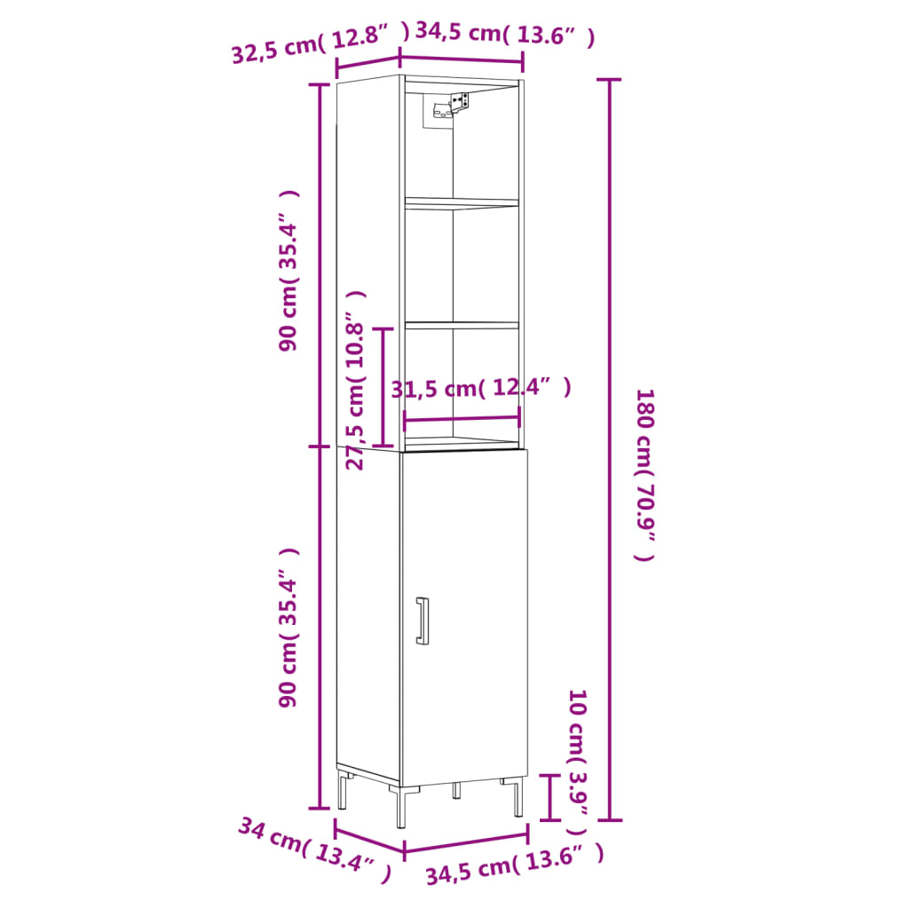 vidaXL Highboard Betongrau 34,5x34x180 cm Holzwerkstoff