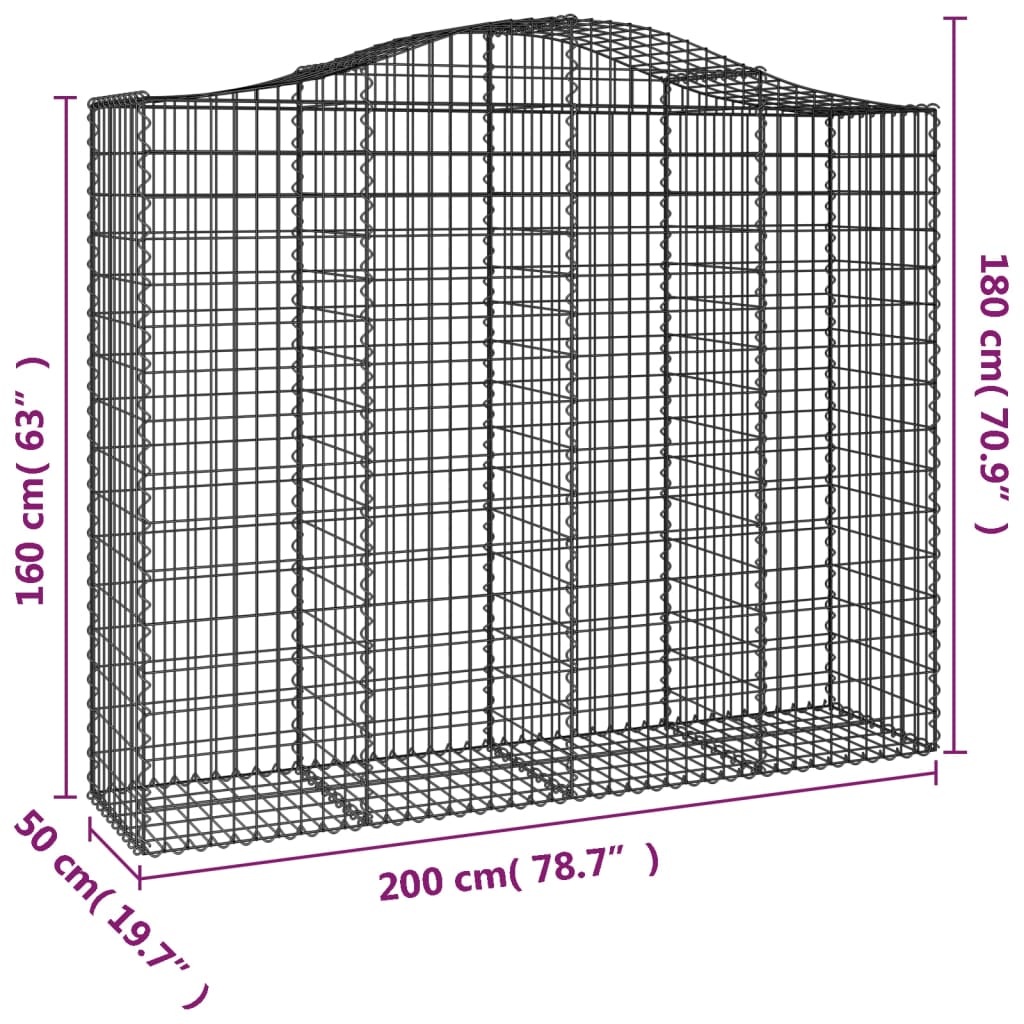 vidaXL Gabione mit Hochbogen 200x50x160/180 cm Verzinktes Eisen