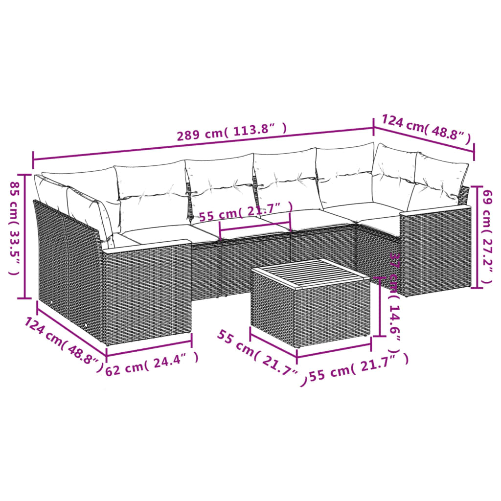 vidaXL 8-tlg. Garten-Sofagarnitur mit Kissen Schwarz Poly Rattan