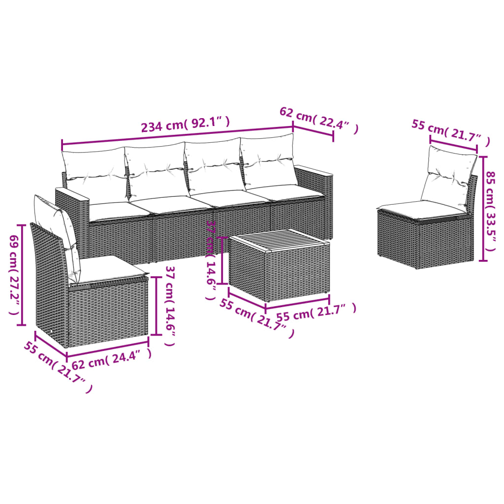 vidaXL 7-tlg. Garten-Sofagarnitur mit Kissen Beige Poly Rattan